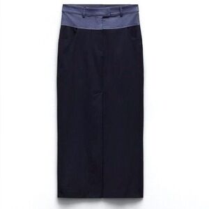 Zara Pencil Midi Skirt contrasting waist Navy Women M Front slit Pockets